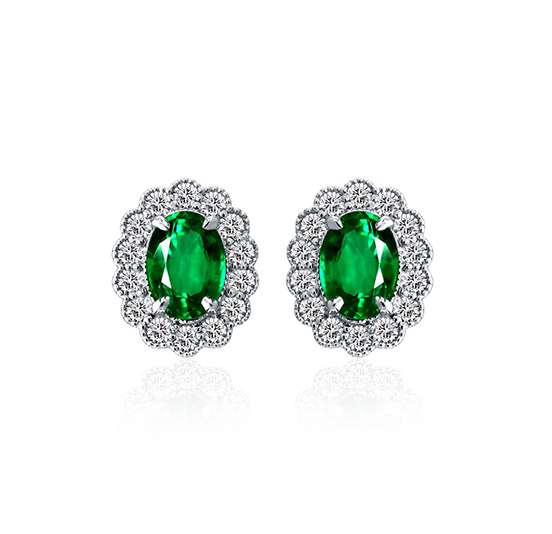 Sabel Collection White Gold Oval Emerald and Diamond Milgrain Earrings